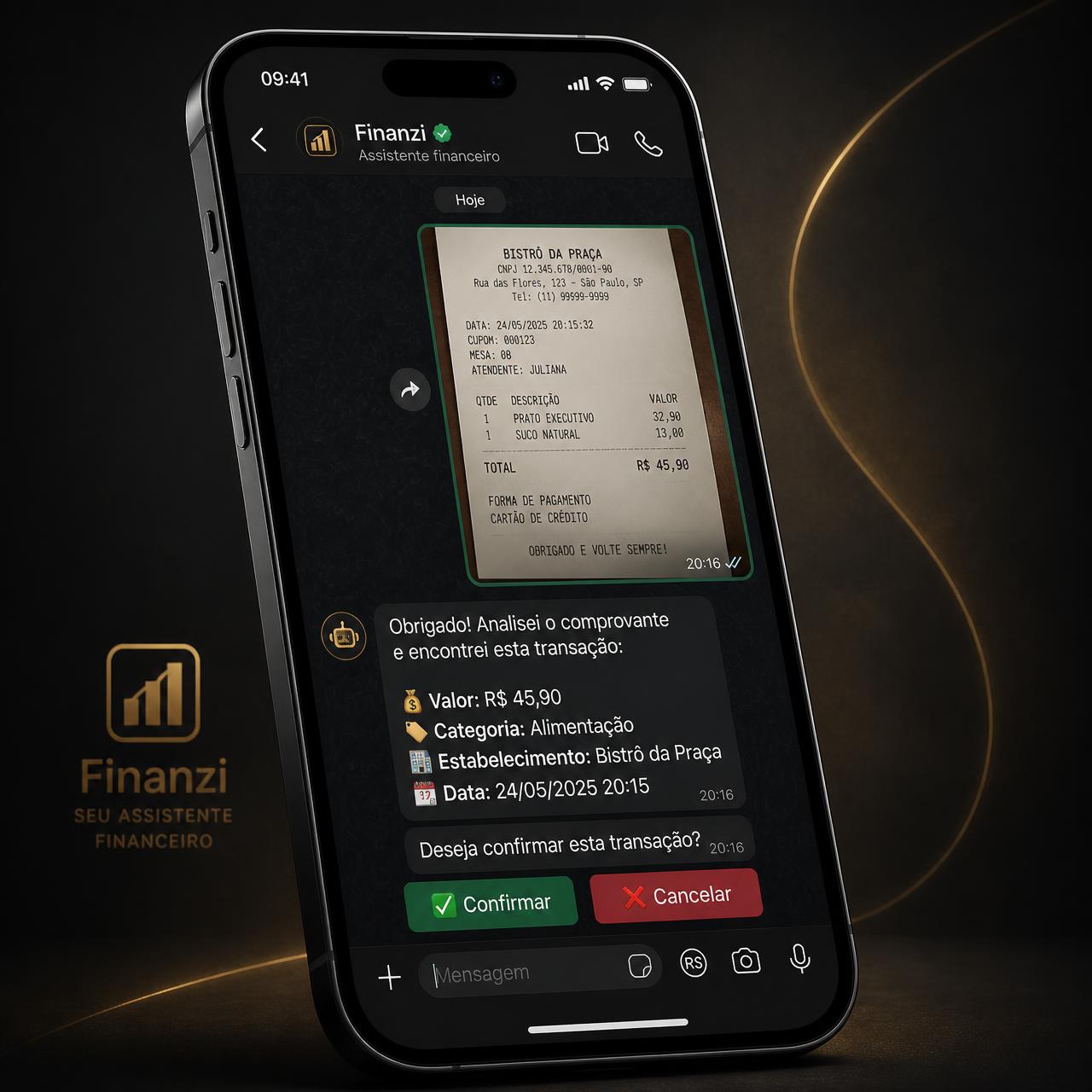 Bot do WhatsApp Beckmann Finance lançando uma despesa a partir de uma foto de comprovante